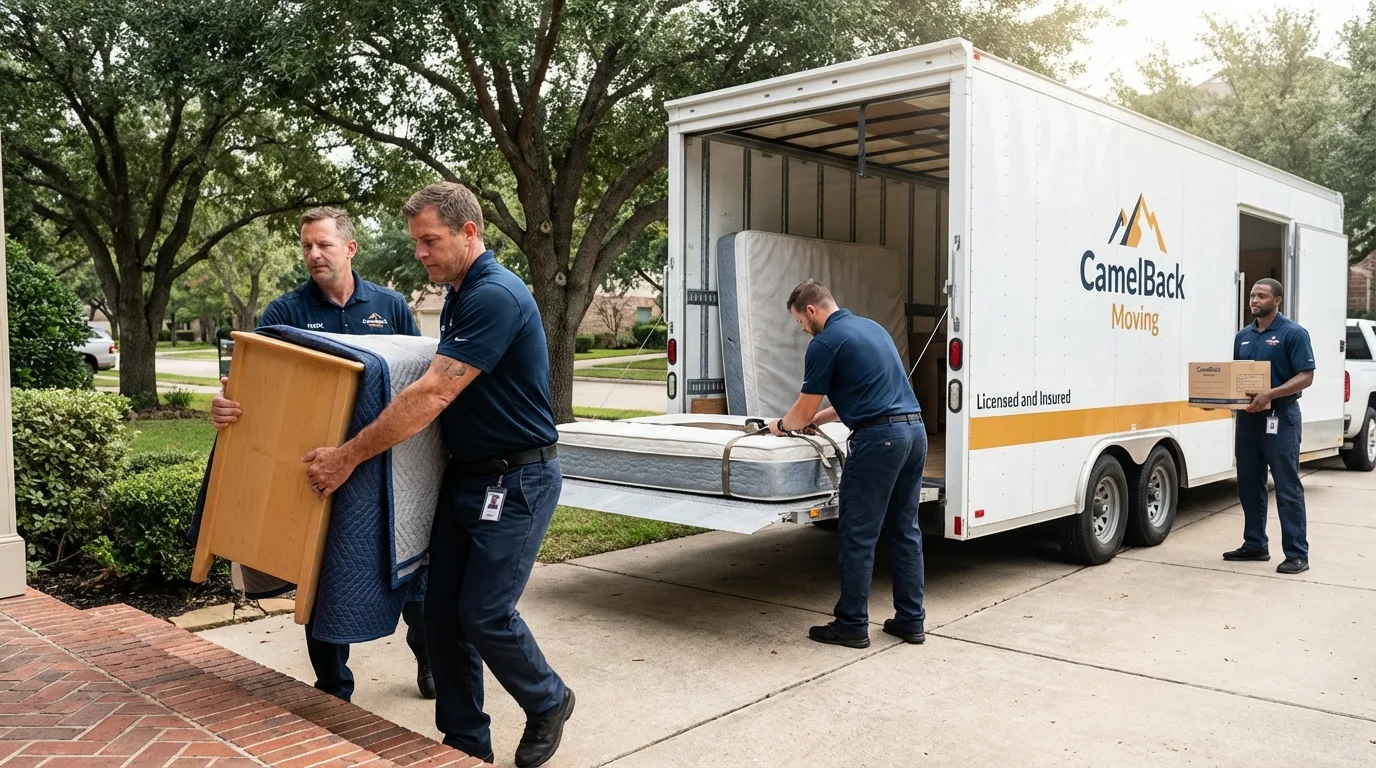 Crew loading residential truck for cross-state move from Hudson, ME