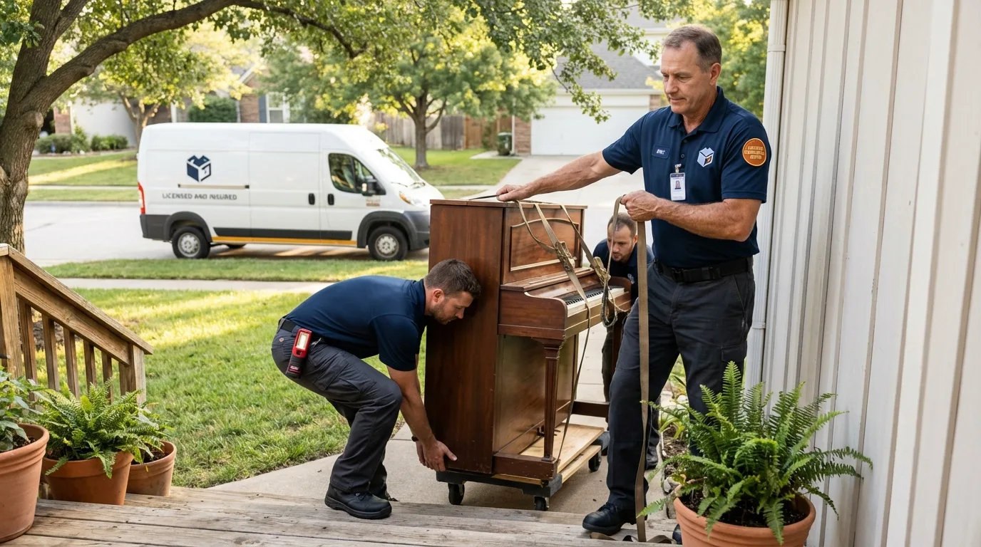 Licensed piano movers securing grand piano in Hudson, ME