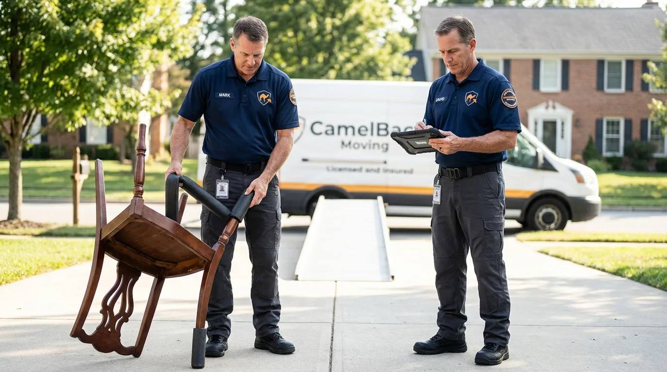 Movers inspecting furniture for damage prevention before loading in Hudson, ME